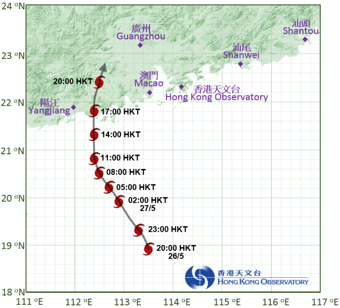 熱帶低氣壓接近香港時的路徑圖。