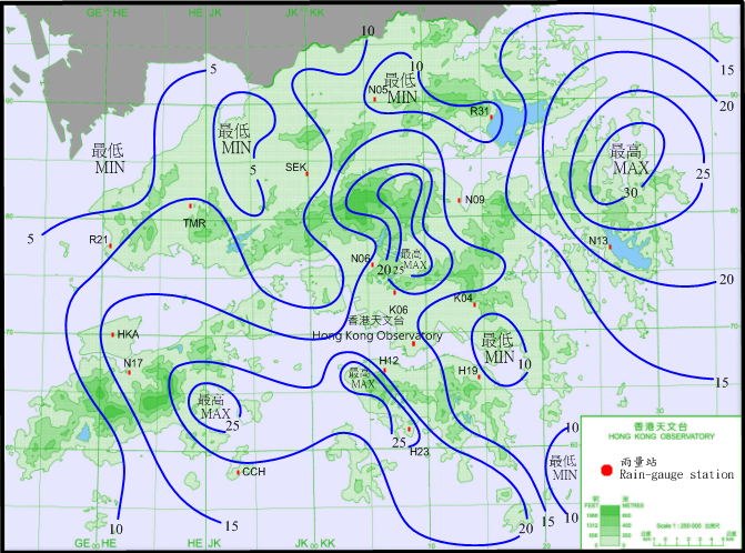 二零一六年五月二十六日至二十七日的雨量分佈(等雨量線單位為毫米)。