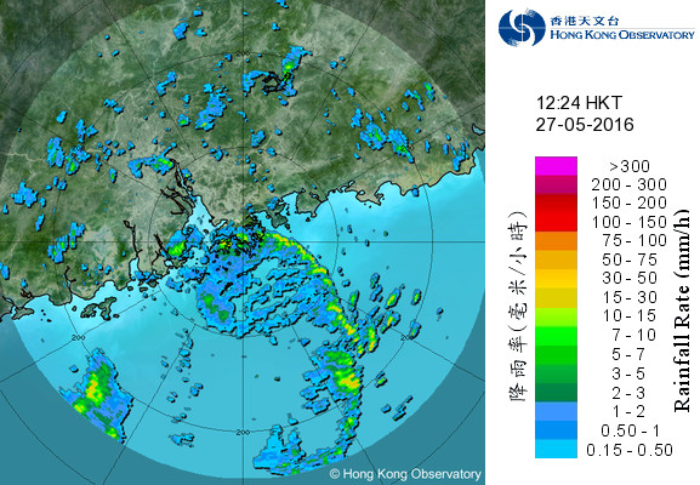 二零一六年五月二十七日下午十二時廿四分的雷達圖像顯示熱帶低氣壓的外圍雨帶正影響本港。