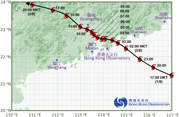 妮妲接近香港時的路徑圖。