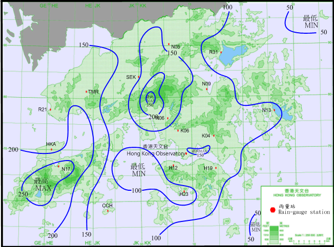 二零一六年七月三十一日至八月二日的雨量分佈(等雨量線單位為毫米)。