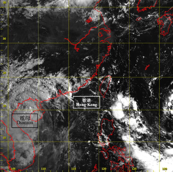 二零一六年八月十九日上午8時左右的可見光衛星圖片，當時電母達到其最高強度，中心附近最高持續風速估計為每小時85公里。<BR><BR>〔此衛星圖像接收自日本氣象廳的向日葵8號衛星。〕