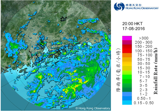 二零一六年八月十七日晚上8時的雷達回波圖像，當時電母位於本港之西南約230公里。與電母相關的驟雨正影響廣東沿岸及南海北部。