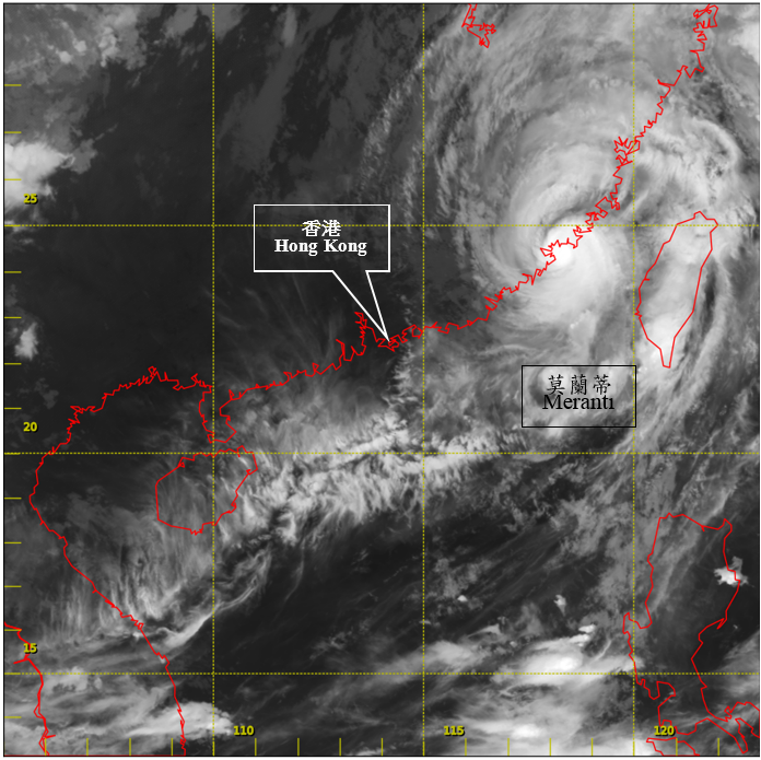二零一六年九月十五日上午2時左右的紅外線衛星圖片，當時莫蘭蒂已減弱為強颱風，並即將在廈門附近登陸。<BR><BR>〔此衛星圖像接收自日本氣象廳的向日葵8號衛星。〕