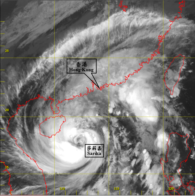 二零一六年十月十七日晚上8時左右的紅外線衛星圖片，當時莎莉嘉的中心附近最高持續風速估計為每小時145公里。<BR><BR>〔此衛星圖像接收自日本氣象廳的向日葵8號衛星。〕