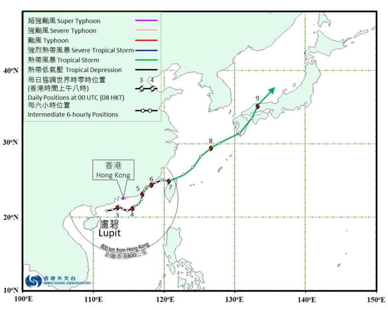 二零二一年八月二日至九日盧碧的路徑圖。