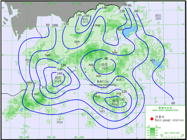 二零二一年八月二日至五日的雨量分佈(等雨量線單位為毫米)。