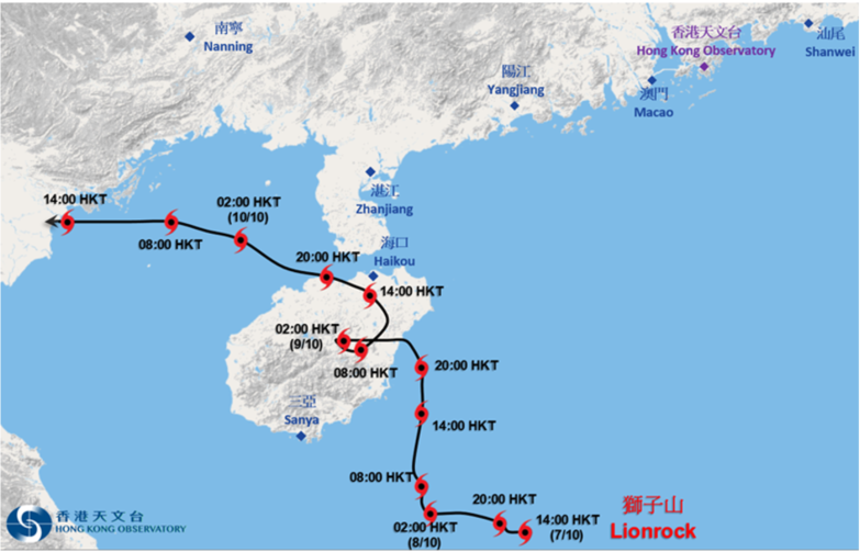  獅子山接近海南島時的路徑圖。