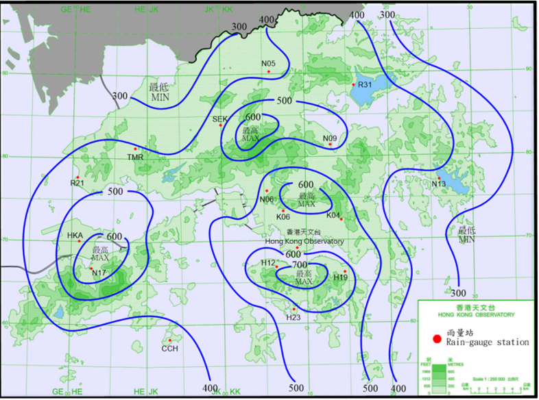 二零二一年十月七日至十日的雨量分佈(等雨量線單位為毫米)。
