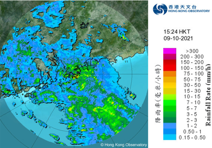 二零二一年十月九日下午3時24分的雷達回波圖像，與獅子山相關的雨帶持續影響香港。