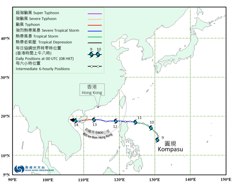 二零二一年十月八日至十四日圓規(2118)的路徑圖。
