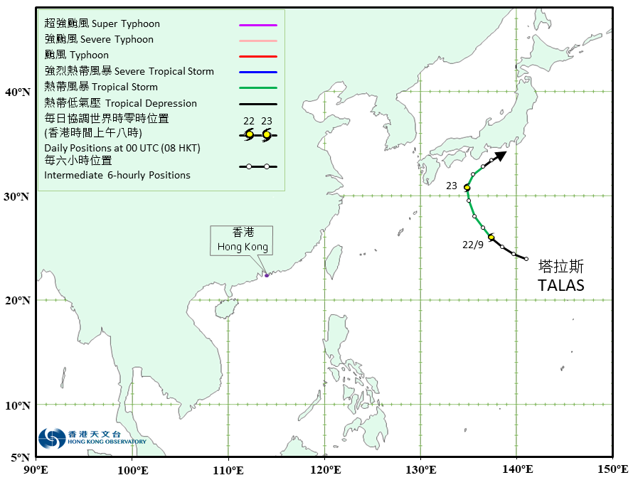 熱帶風暴塔拉斯(2215)的路徑圖