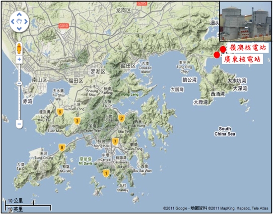 廣東核電站及嶺澳核電站位置圖