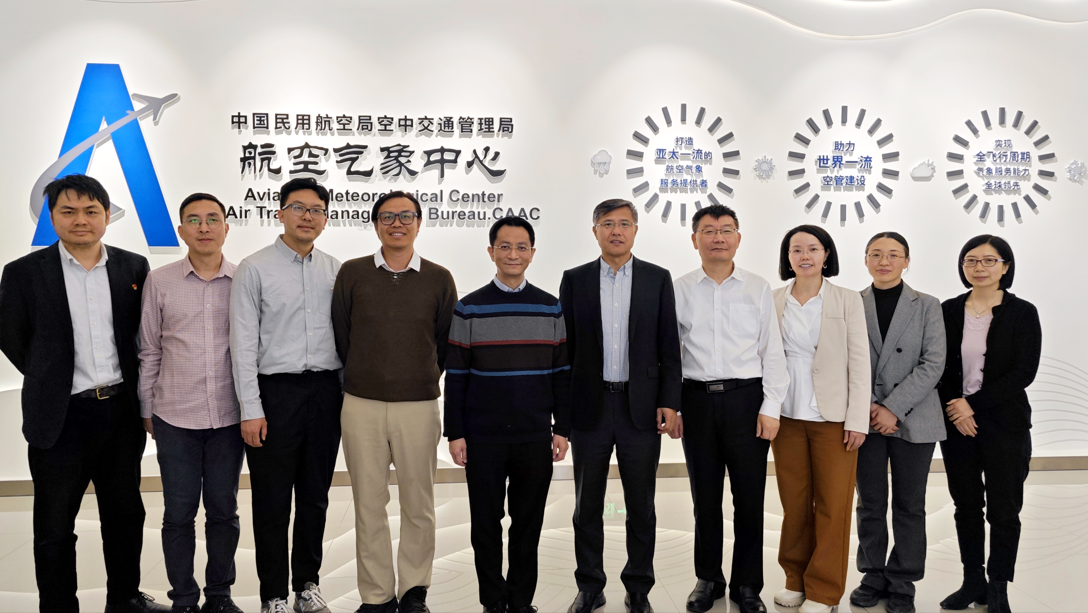 中國民用航空局空中交通管理局航空氣象中心主任張中鋒博士 (右五)及航空氣象中心人員與香港天文台代表團成員合照