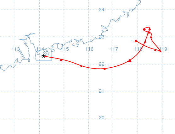 于 2011 年 3 月 14 日上午 8 时抵达香港之气团的路线图