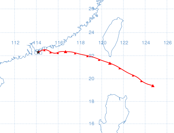 于 2011 年 3 月 15 日上午 8 时抵达香港之气团的路线图