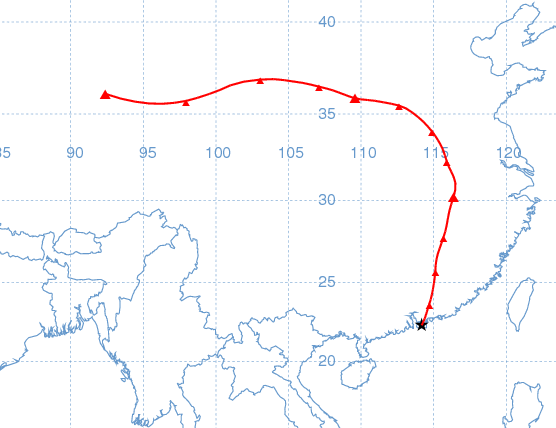 于 2011 年 3 月 16 日上午 8 时抵达香港之气团的路线图