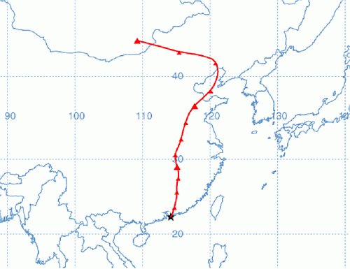 于 2011 年 3 月 16 日上午 8 时抵达香港之气团的路线图