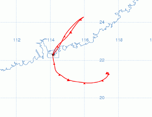 于 2011 年 3 月 17 日上午 8 时抵达香港之气团的路线图