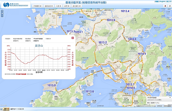 香港分区天气网页(地理信息系统平台版)显示的平均海平面气压资料