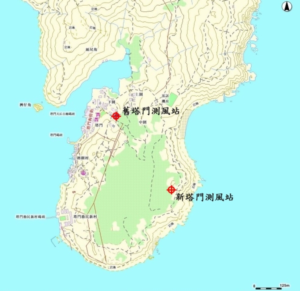 塔门新及旧测风站之位置图