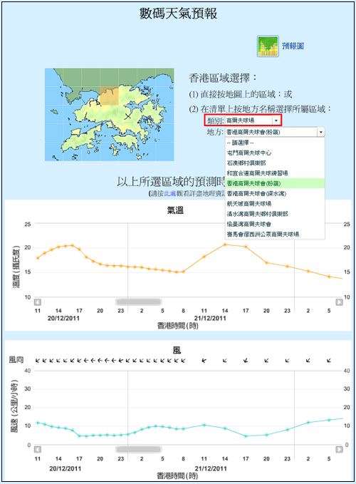 用户可查阅不同高尔夫球场所属区域的天气预测