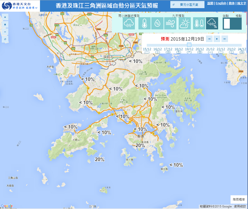图一:预测天气图示(上)及降雨概率预报(下)