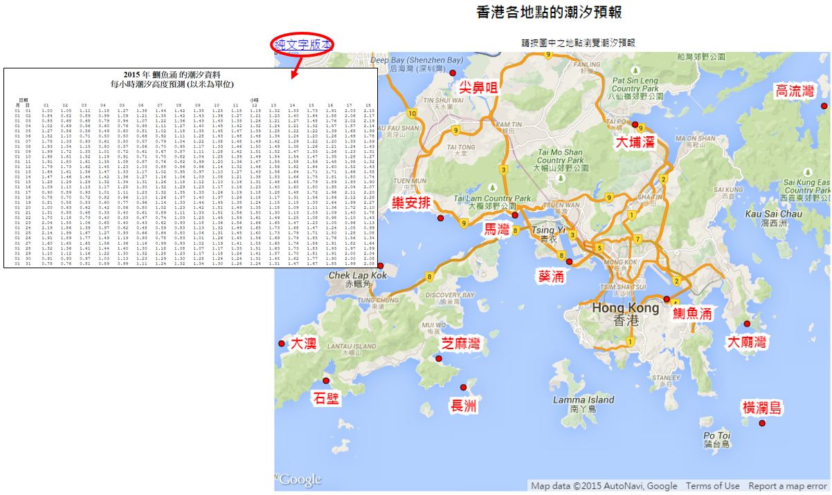 每小时潮汐预报数据的纯文字版本