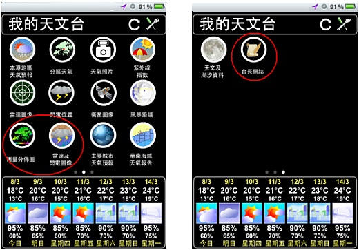 新版本「我的天文台」的画面样本 (红圈所示为新加入的图标)