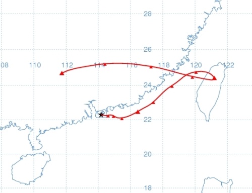 图一. 于 2011 年 3 月 13 日上午 8 时抵达香港之气团的路线图