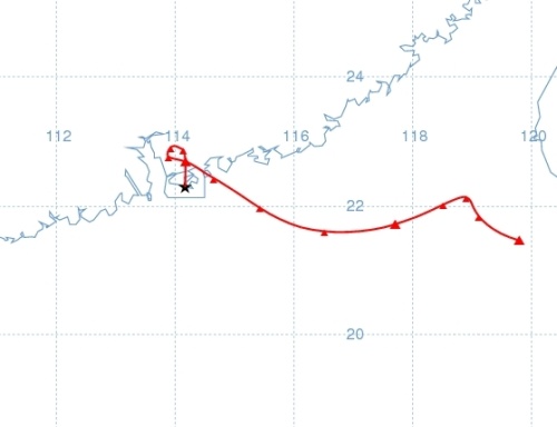 图三. 于 2011 年 3 月 15 日上午 8 时抵达香港之气团的路线图