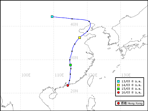 于 2011 年 3 月 16 日上午 8 时抵达香港之气团的路线图