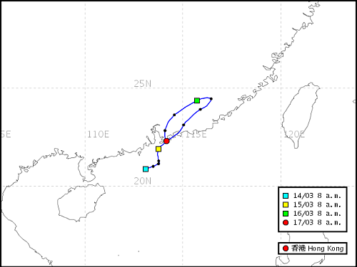 于 2011 年 3 月 17 日上午 8 时抵达香港之气团的路线图