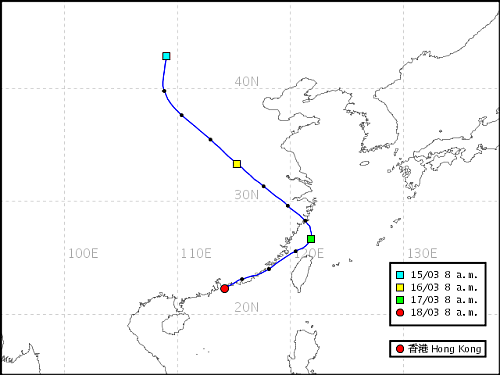 于 2011 年 3 月 18 日上午 8 时抵达香港之气团的路线图