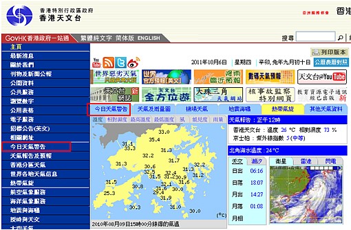 图 1: 按下红色方格内的连结可进入「今日天气警告及信号记录」网页
