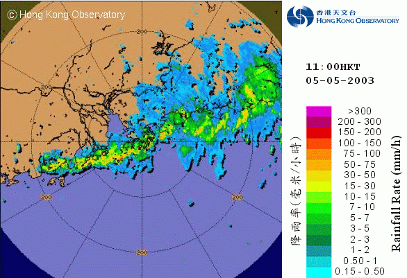 雷達圖像為2003年5月5日早上天文台雷達所觀測到的情況。