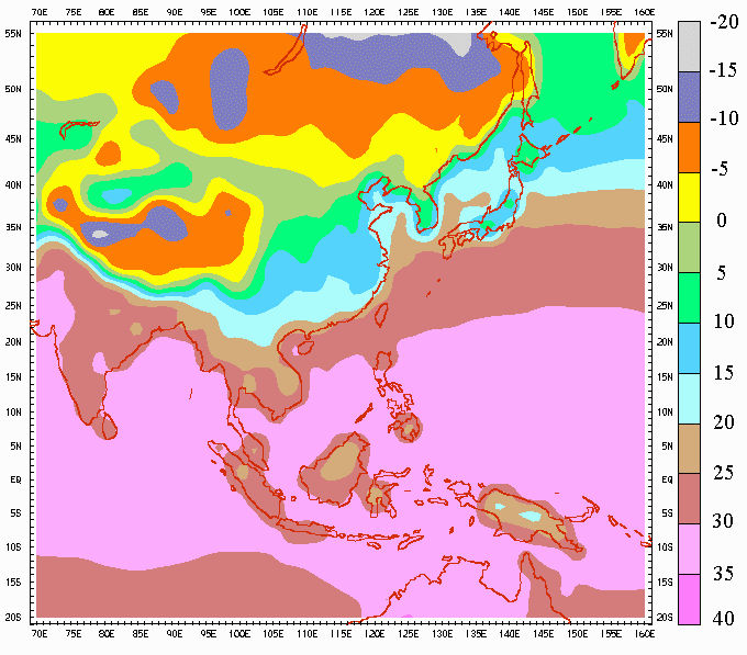 亞洲地區地面氣候平均氣溫 (十月至十二月)