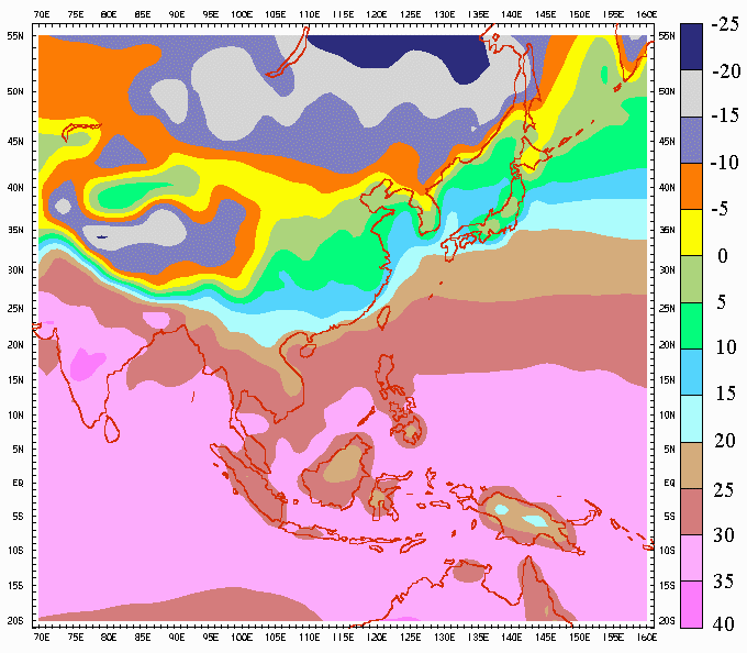 亚洲地区地面气候平均气温 (一月至三月)