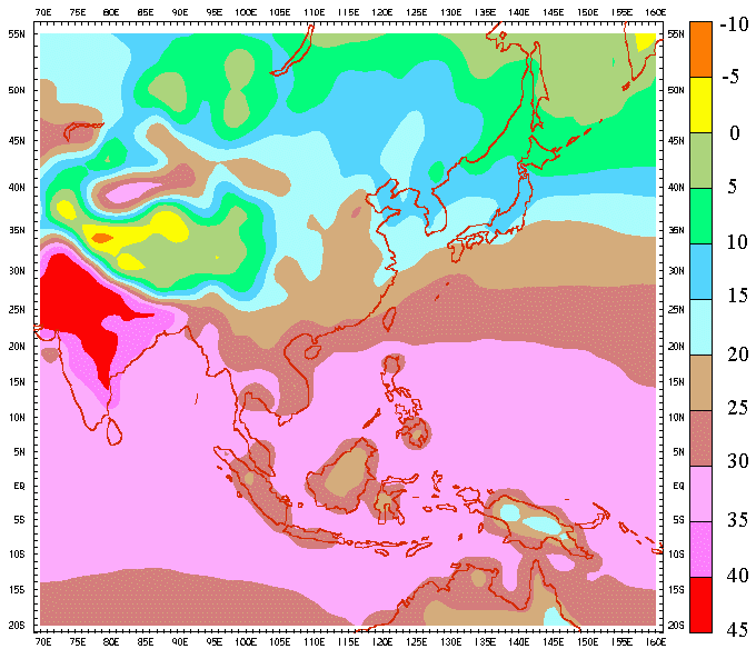 亞洲地區地面氣候平均氣溫 (四月至六月)