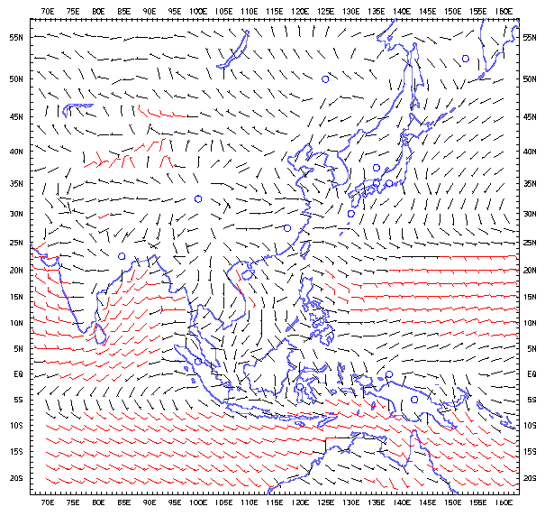 亞洲地區地面氣候平均風速 (四月至六月)