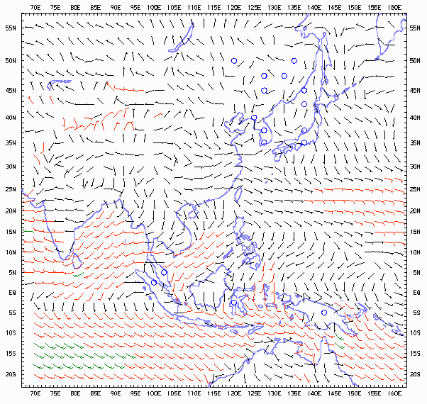 亚洲地区地面气候平均风速 (七月至九月)