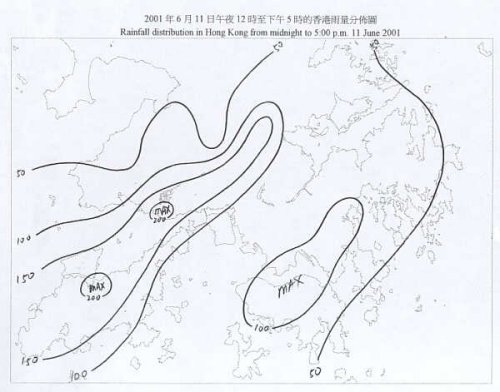 2001年6月11日午夜12時至下午5時的香港雨量分佈圖