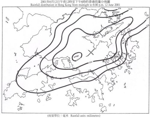 2001年6月12日午夜12時至下午6時的香港雨量分佈圖