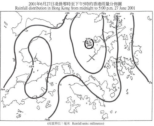 2001年6月27日午夜12時至下午5時的香港雨量分佈圖