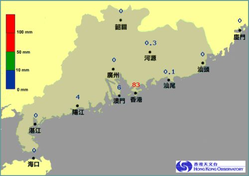 广东省及邻近地区的 24 小时雨量分布图
