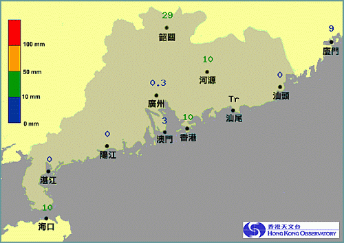 图一 广东省及邻近地区城市24小时雨量分布图。