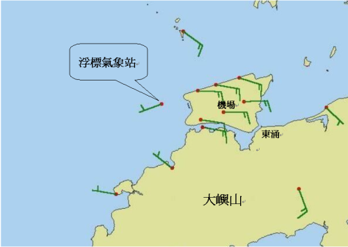 浮標氣象站及機場內與外圍一帶的陸上自動氣象站位置圖