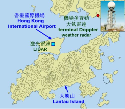 圖示激光雷達和機場多普勒天氣雷達的位置。