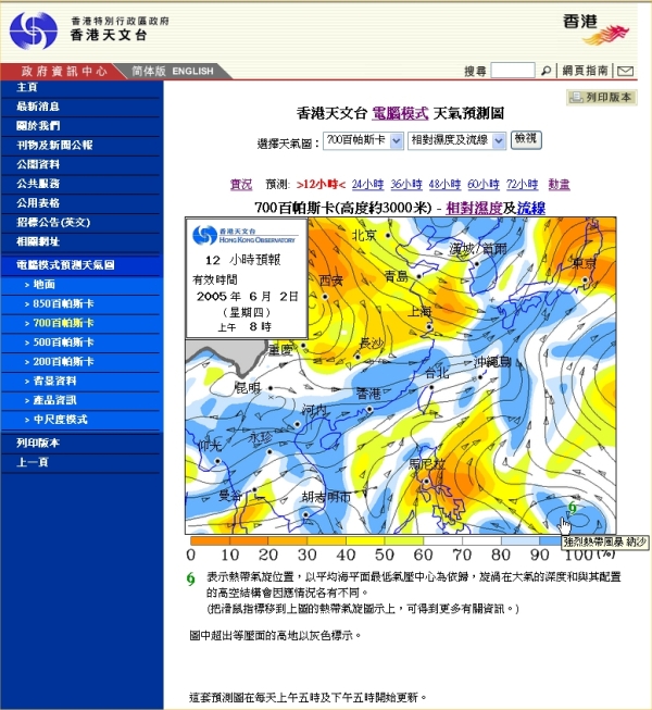 图二:高空(约海拔3000米) 电脑模式预测的流线及相对湿度分布图。图中以蓝色及橙黄色分别显示湿润及干燥的区域,亦即出现云团和晴空区机会较大的地方。