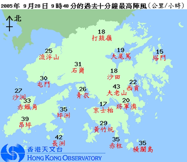 图一 :  香港天文台「香港分区天气」网页上的过去十分钟最高阵风分布图